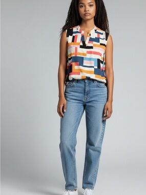Women's Sleeveless Multicolored Geometric Print V- Neck Blouse Size M